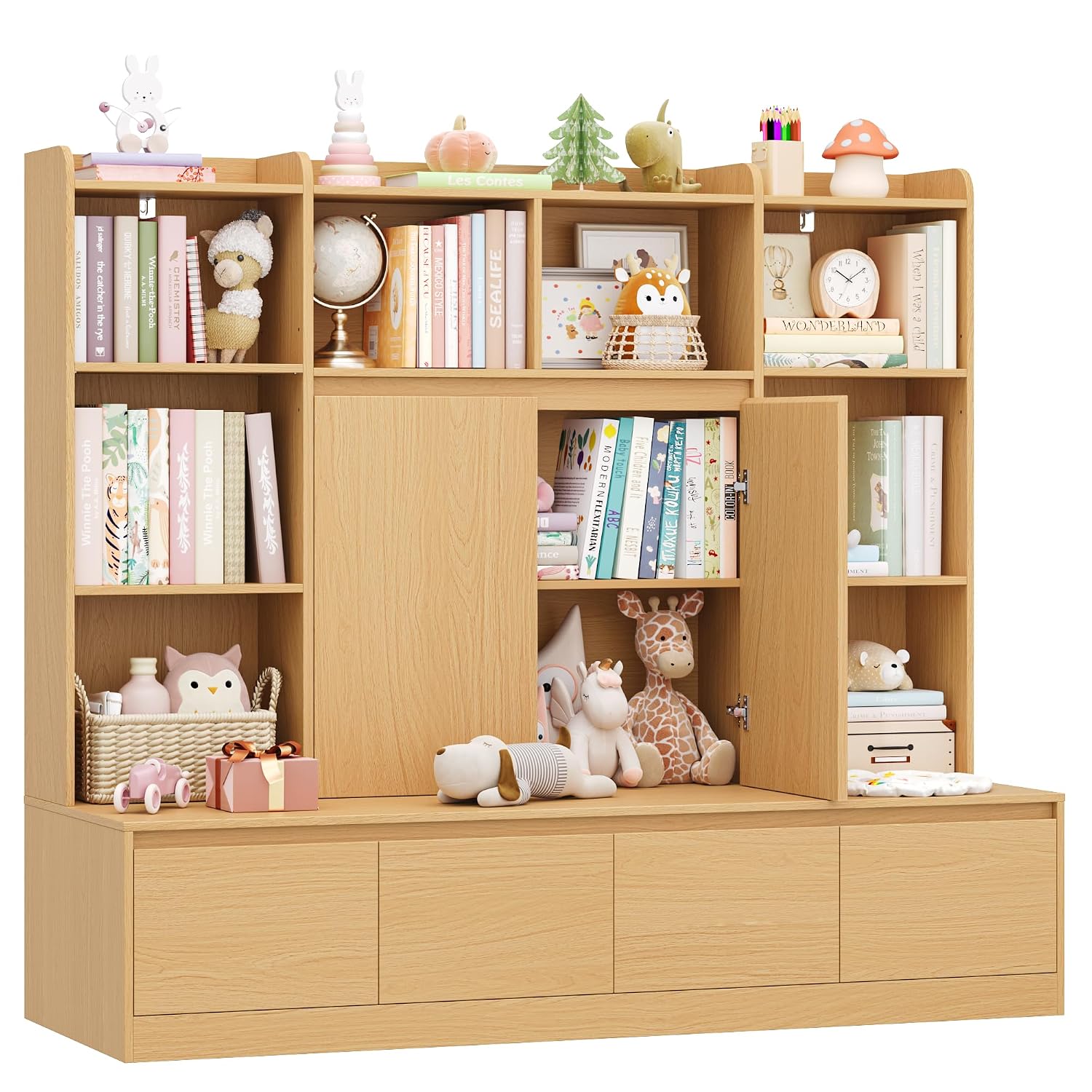 Kids Toys Drawers - 54インチ子供用本棚収納オーガナイザー、読書スペース付きベンチ、10個のキューブ、4つの引き出し、2つの扉、プレイルームや子供部屋用おもちゃ箱、ナチュラルカラー