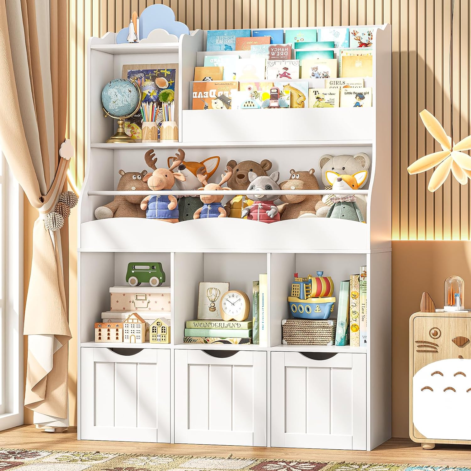 Kids Toys Drawers - 51.18インチの子供用本棚、3段ラックと3つの引き出し付き、木製おもちゃ収納キャビネット、子供部屋やプレイルーム用、ホワイト、カスタマイズ可能