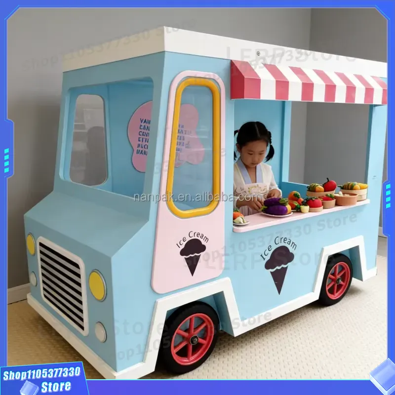 Kids Toys Mall - 木製アイスクリームカートおもちゃ 車輪付き 子供用 屋内遊具 感覚コスプレゲーム小道具 カフェモールパーティー用