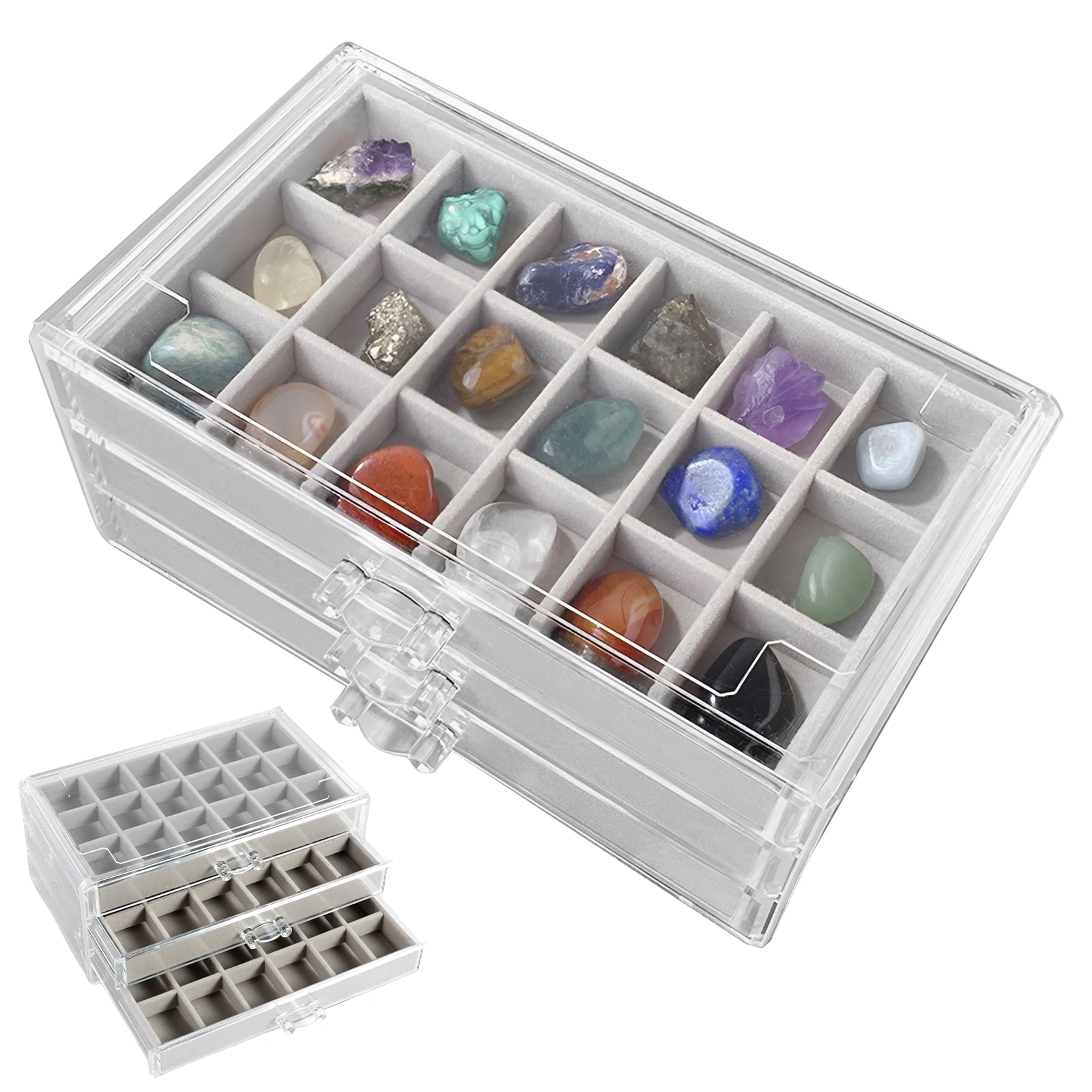 Kids Toys Drawers - ロックディスプレイケース 3段引き出し ロックコレクションボックス クリアクリスタルディスプレイケース 耐久性のある宝石ロック収納ケース 子供用岩石用
