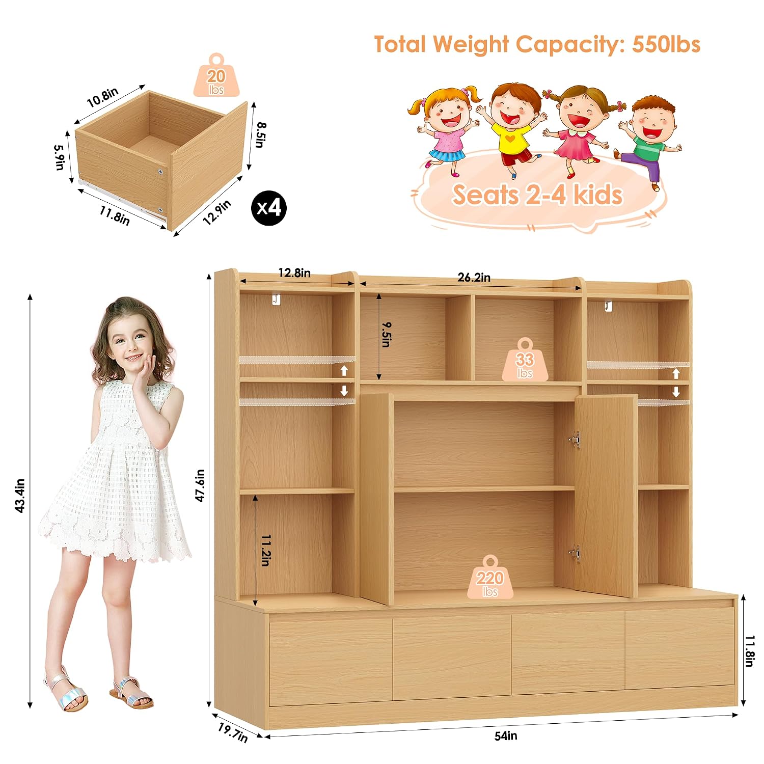 54インチ子供用本棚収納オーガナイザー、読書スペース付きベン - Kids Toys Drawers のレビューと価格
