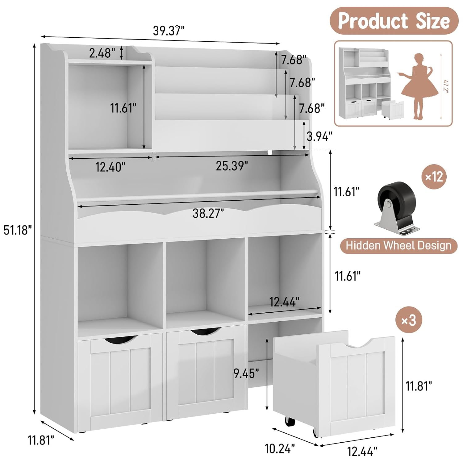 51.18インチの子供用本棚、3段ラックと3つの引き出し付き - Kids Toys Drawers のレビューと価格