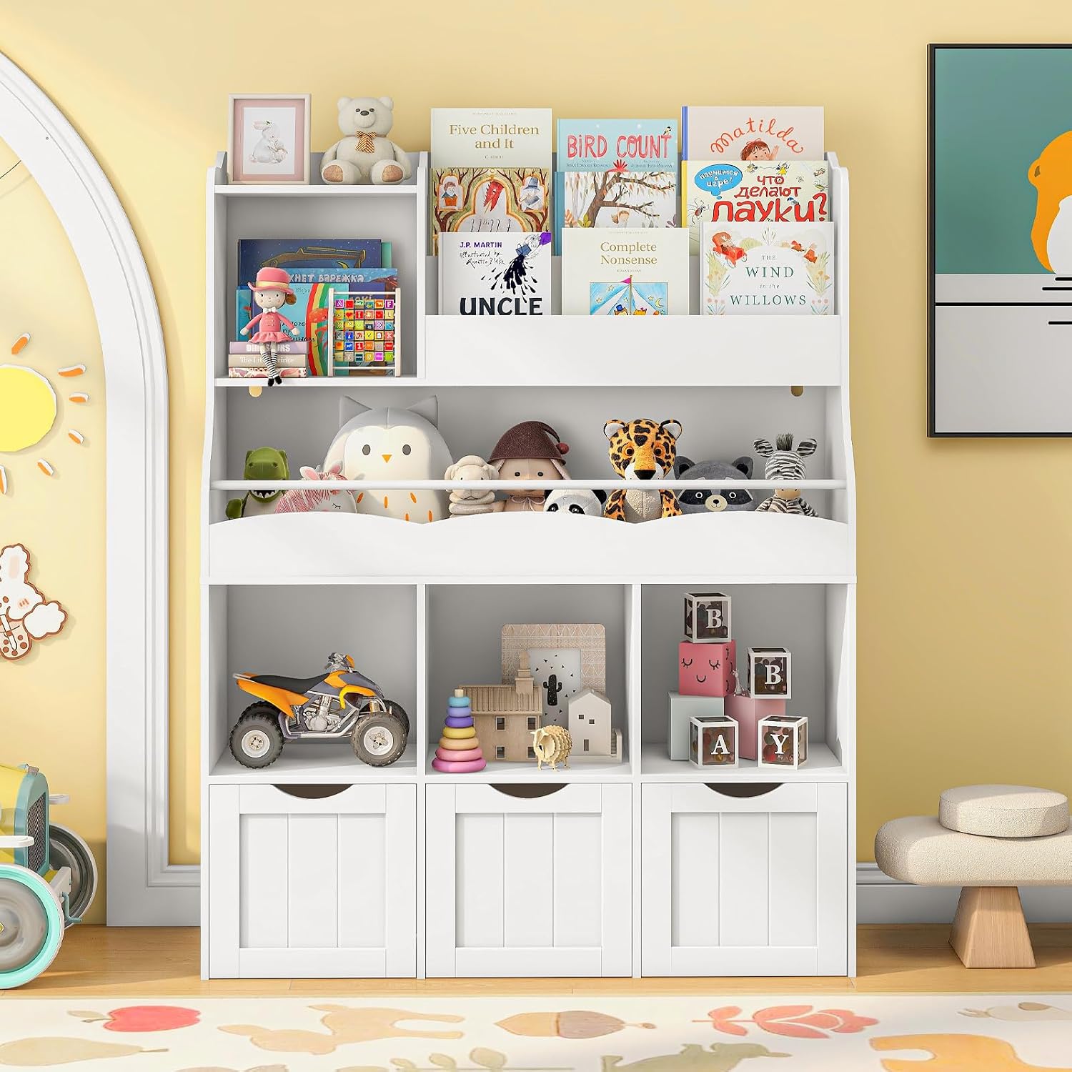 51.18インチの子供用本棚、3段ラックと3つの引き出し付き - Kids Toys Drawers のレビューと価格