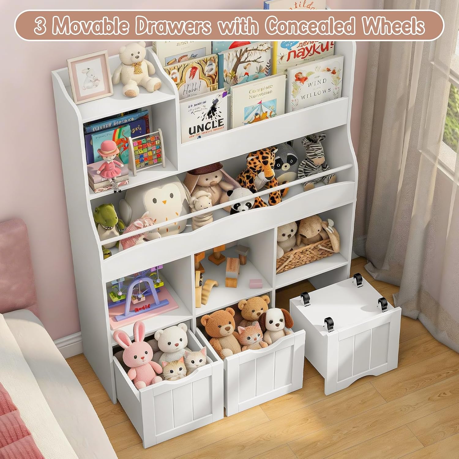 51.18インチの子供用本棚、3段ラックと3つの引き出し付き - Kids Toys Drawers のレビューと価格